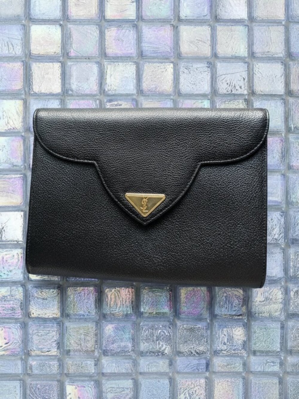 VINTAGE Saint Laurent Bag YSL Clutch Leather Black Gold with Box